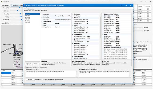 Vista de TandemSim mostrando variables por etapa, balances y paneles de análisis